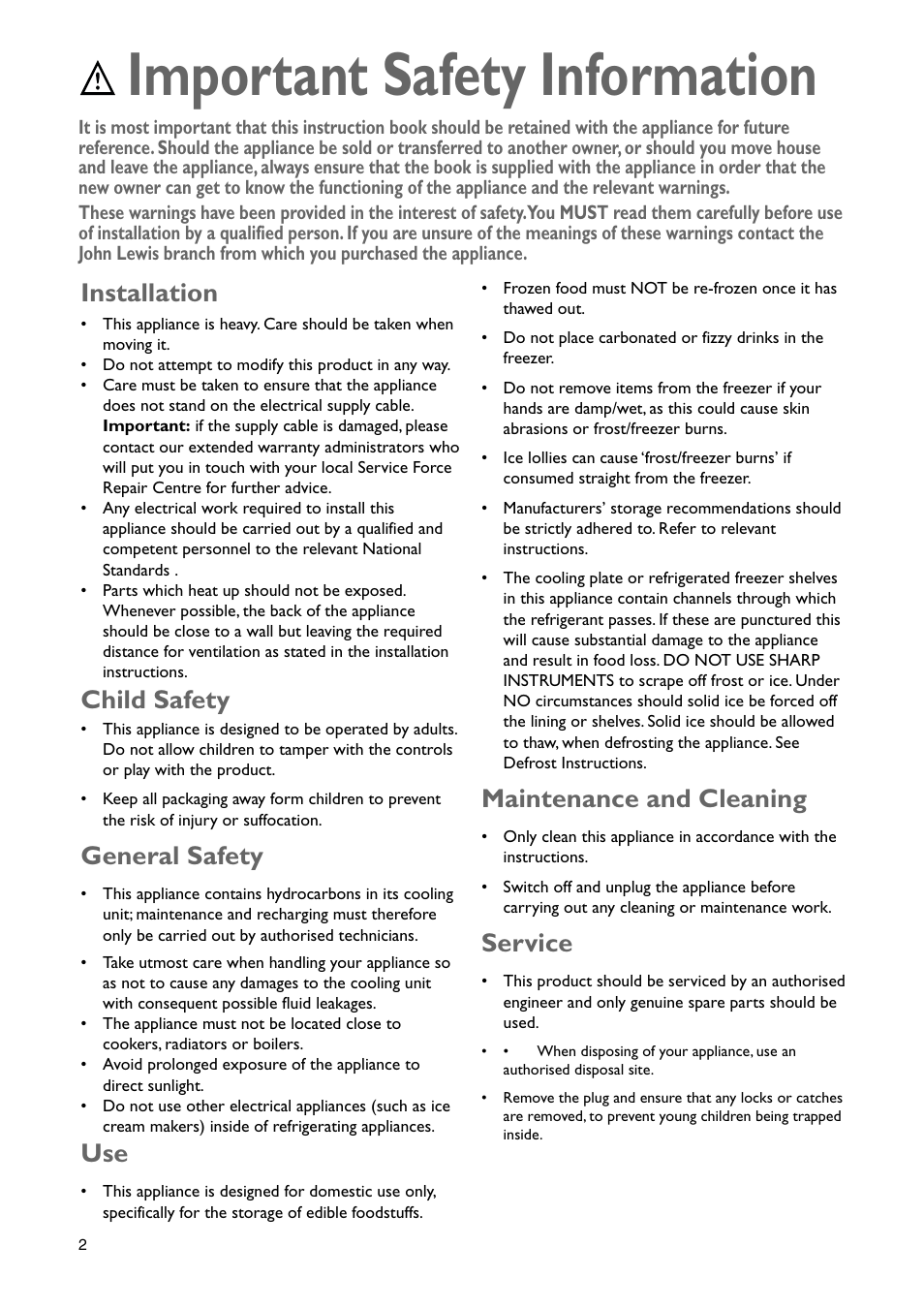 Important safety information, Installation, Child safety | General safety, Maintenance and cleaning, Service | John Lewis JLBIFF 1801 User Manual | Page 2 / 20