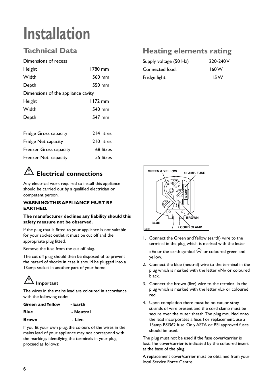 Installation, Technical data, Heating elements rating | Electrical connections | John Lewis JLBIFF 1801 User Manual | Page 6 / 20