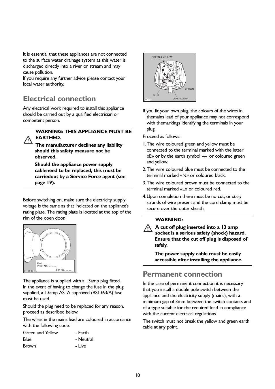 Electrical connection, Permanent connection | John Lewis JLWM1403 User Manual | Page 10 / 27