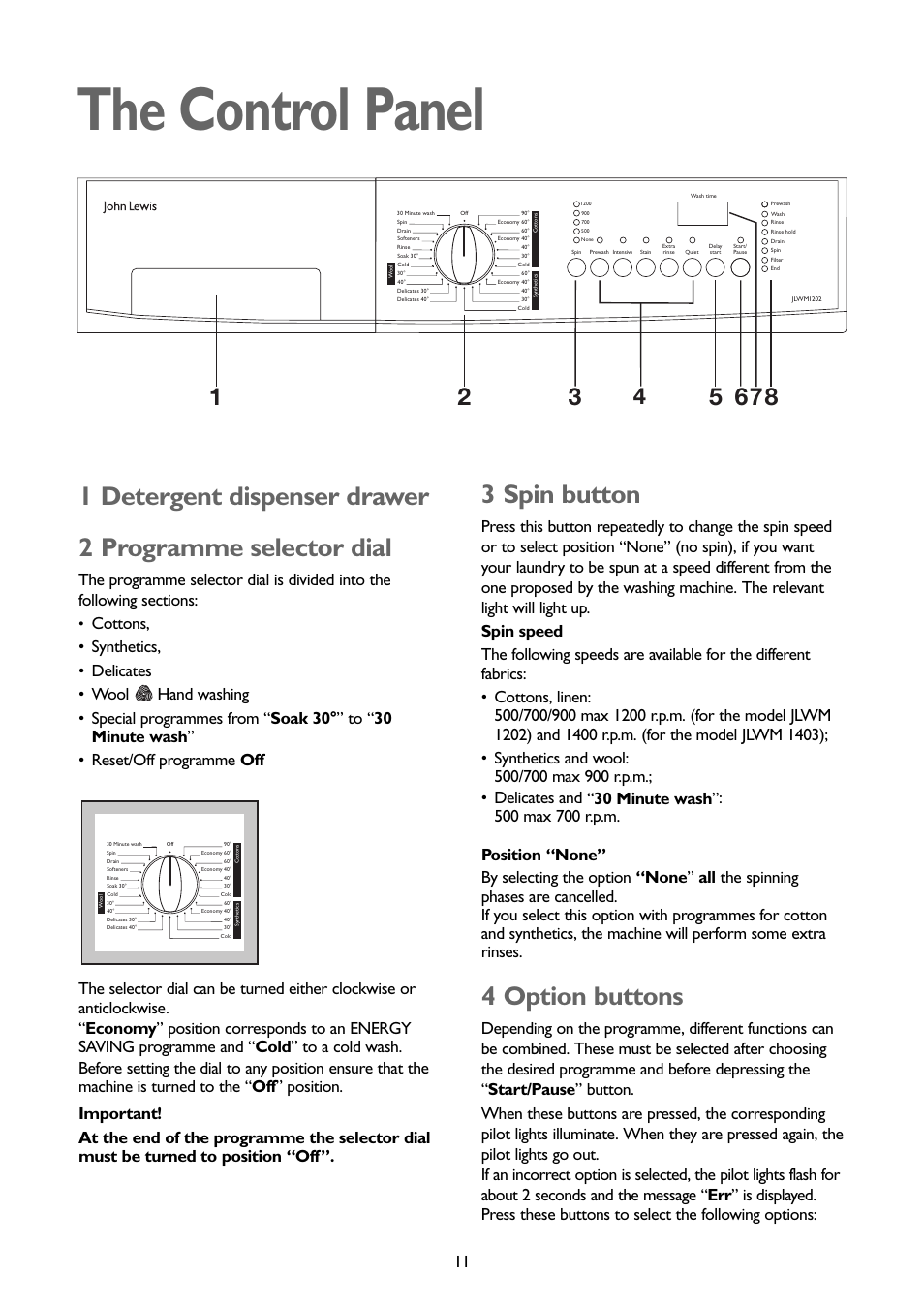 The control panel, 3 spin button, 4 option buttons | John Lewis JLWM1403 User Manual | Page 11 / 27