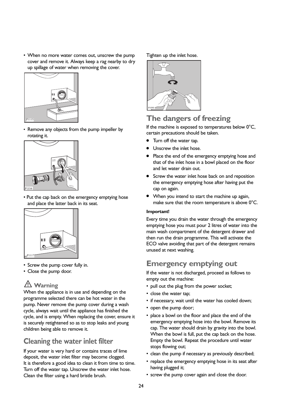 Cleaning the water inlet filter, The dangers of freezing, Emergency emptying out | Warning | John Lewis JLWM1403 User Manual | Page 24 / 27