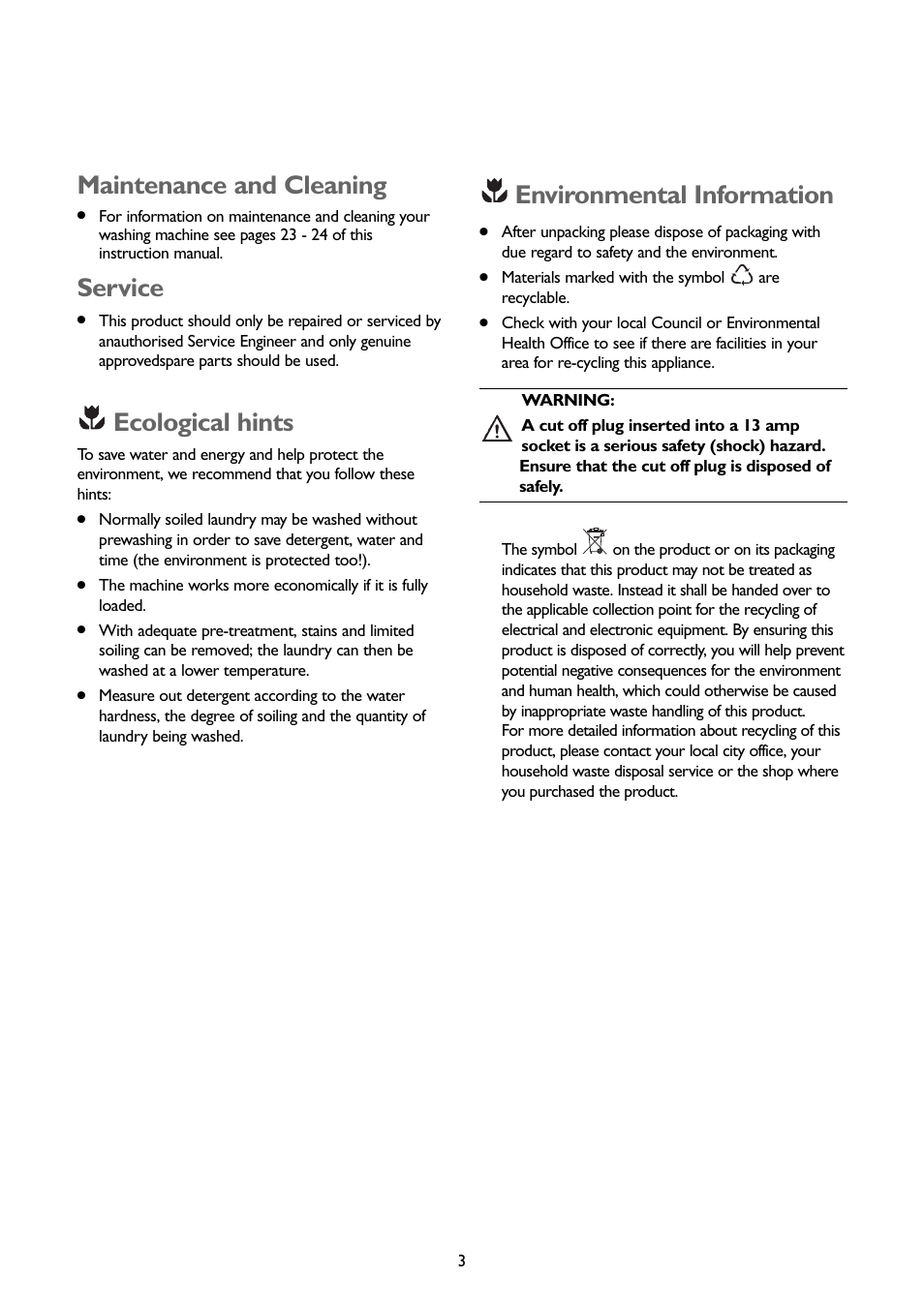 Environmental information, Maintenance and cleaning, Service | Ecological hints | John Lewis JLWM1403 User Manual | Page 3 / 27