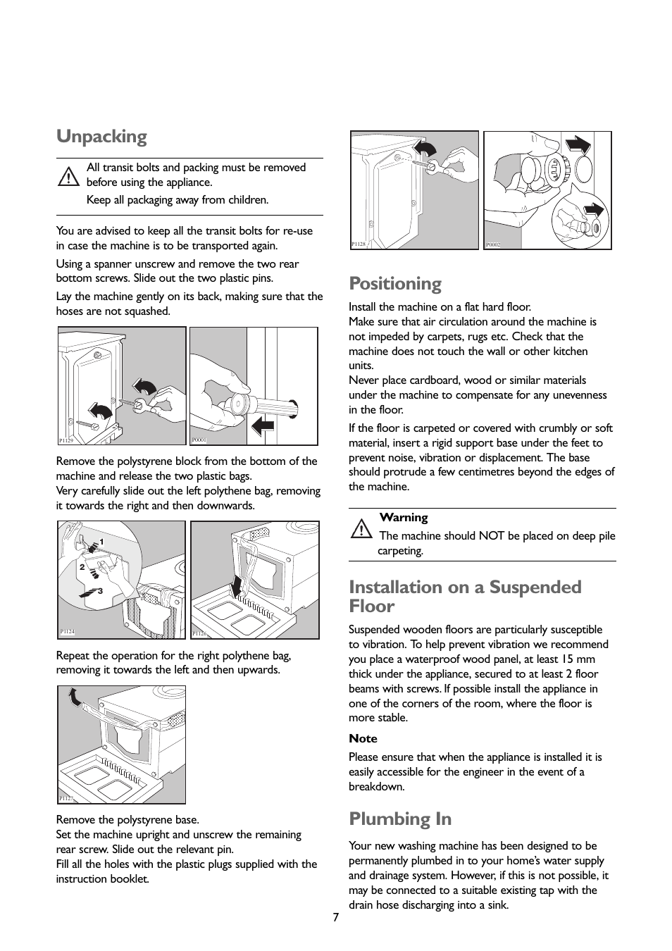 Unpacking, Positioning, Installation on a suspended floor | Plumbing in | John Lewis JLWM1403 User Manual | Page 7 / 27
