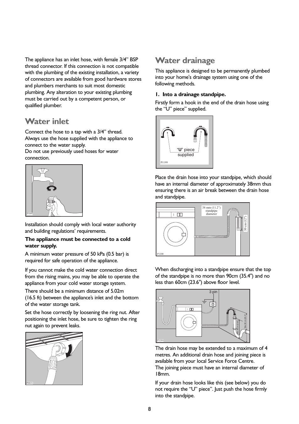 Water inlet, Water drainage | John Lewis JLWM1403 User Manual | Page 8 / 27