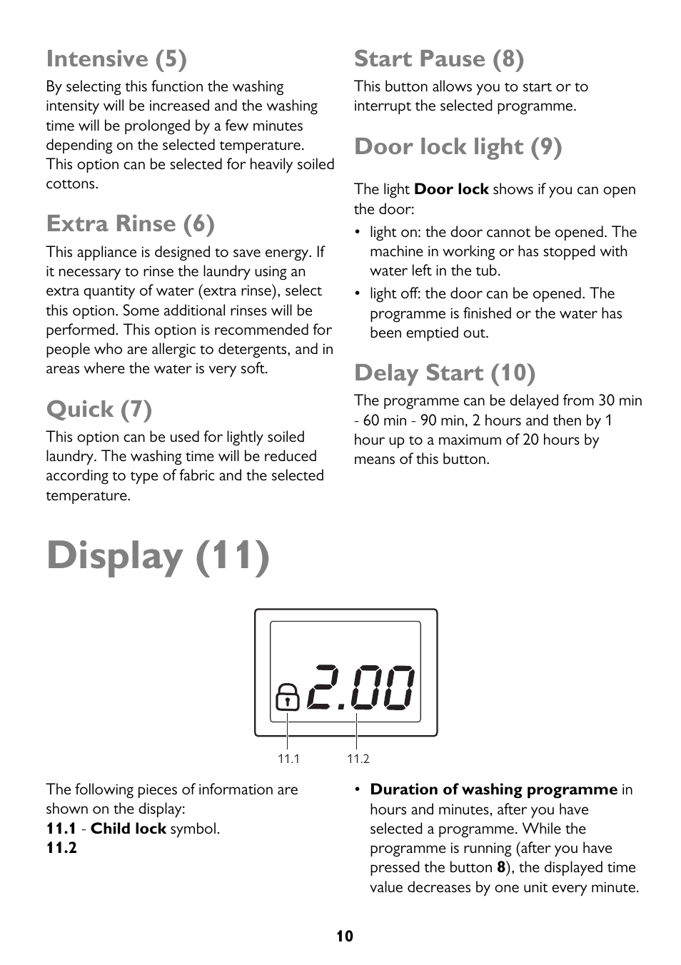 Display (11), Intensive (5), Extra rinse (6) | Quick (7), Start pause (8), Door lock light (9), Delay start (10) | John Lewis JLWM 1203 User Manual | Page 10 / 40