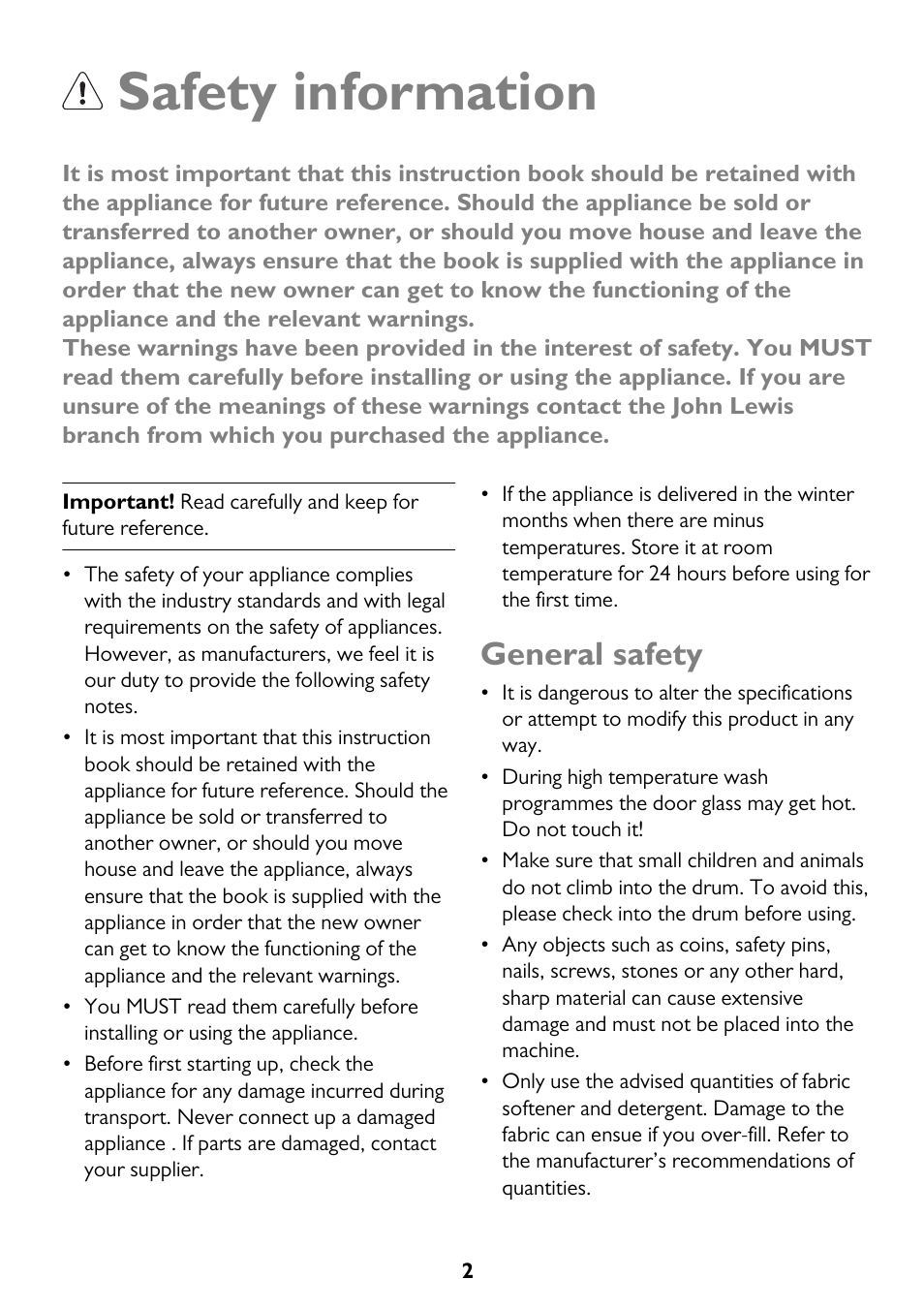 Safety information, General safety | John Lewis JLWM 1203 User Manual | Page 2 / 40