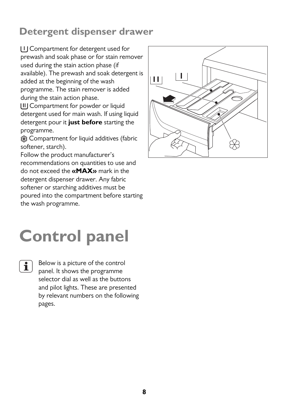 Control panel, Detergent dispenser drawer | John Lewis JLWM 1203 User Manual | Page 8 / 40