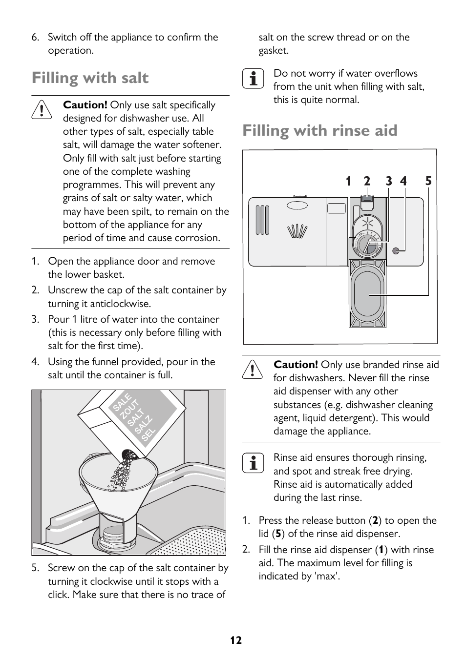 Filling with salt, Filling with rinse aid | John Lewis JLBIDW 1201 User Manual | Page 12 / 32
