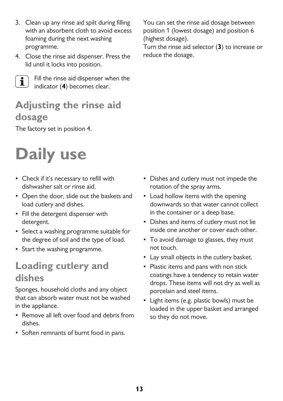 Daily use, Adjusting the rinse aid dosage, Loading cutlery and dishes | John Lewis JLBIDW 1201 User Manual | Page 13 / 32