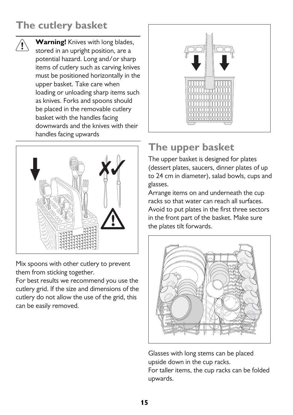 The cutlery basket, The upper basket | John Lewis JLBIDW 1201 User Manual | Page 15 / 32