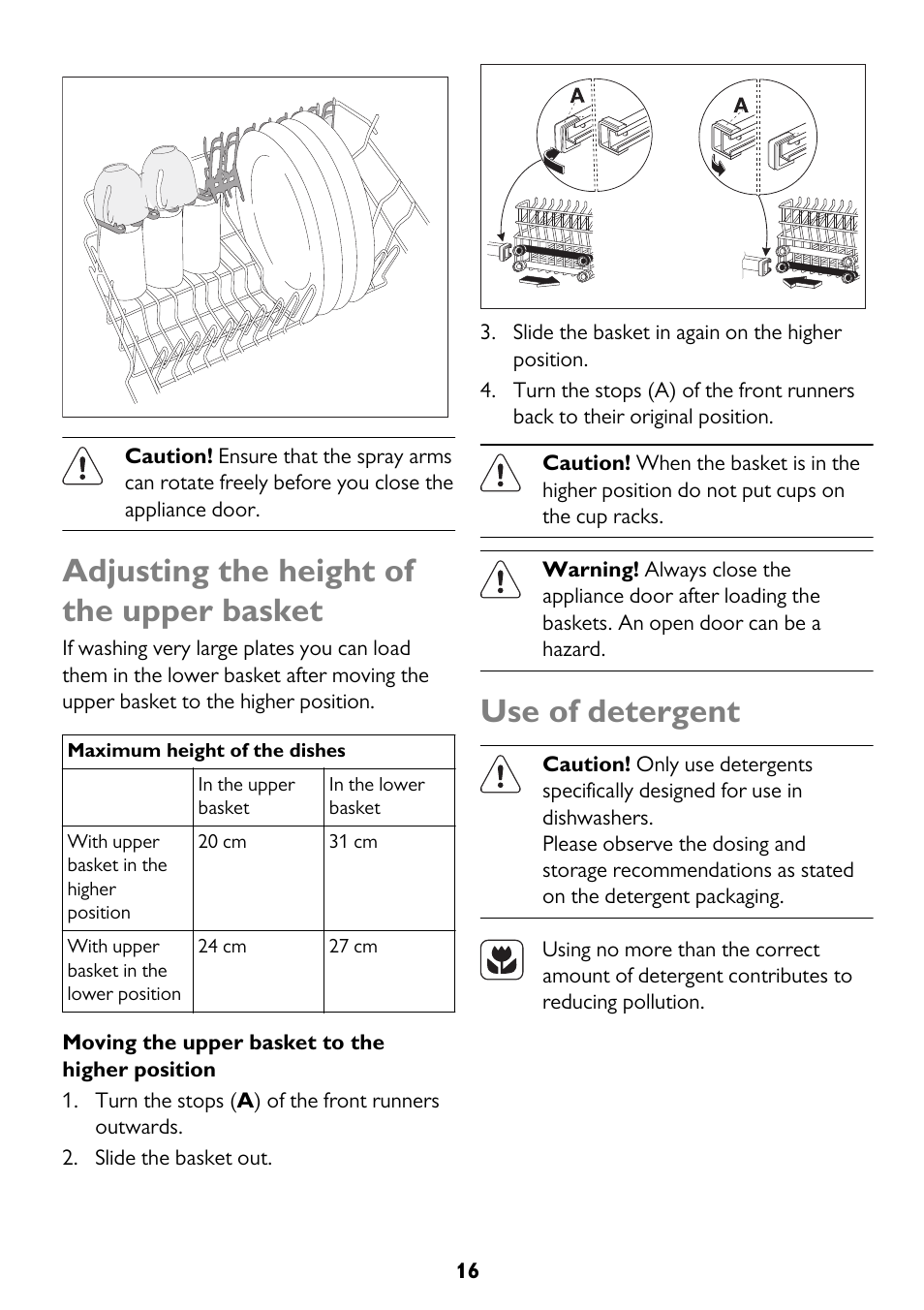 Adjusting the height of the upper basket, Use of detergent | John Lewis JLBIDW 1201 User Manual | Page 16 / 32