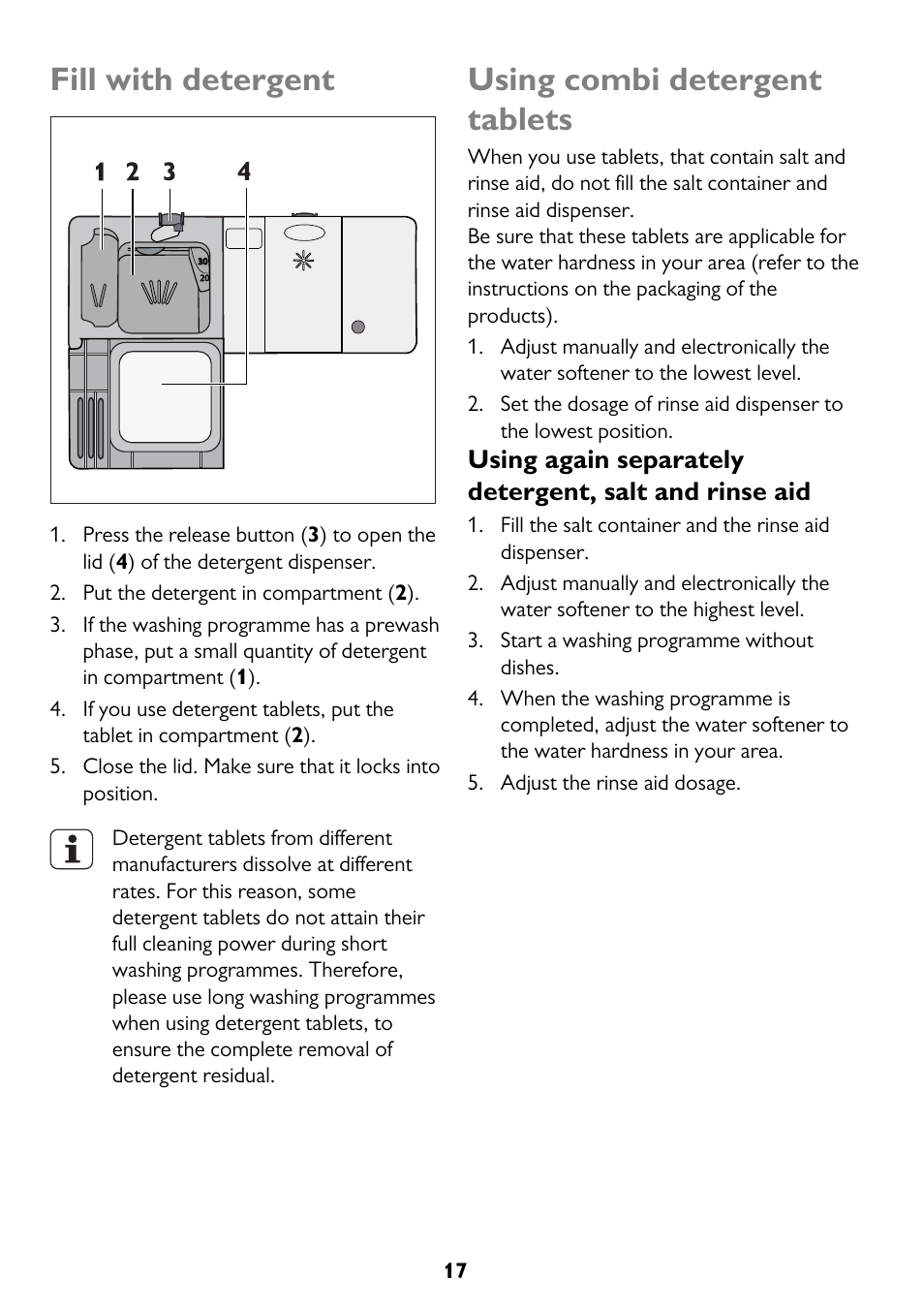 Fill with detergent, Using combi detergent tablets | John Lewis JLBIDW 1201 User Manual | Page 17 / 32