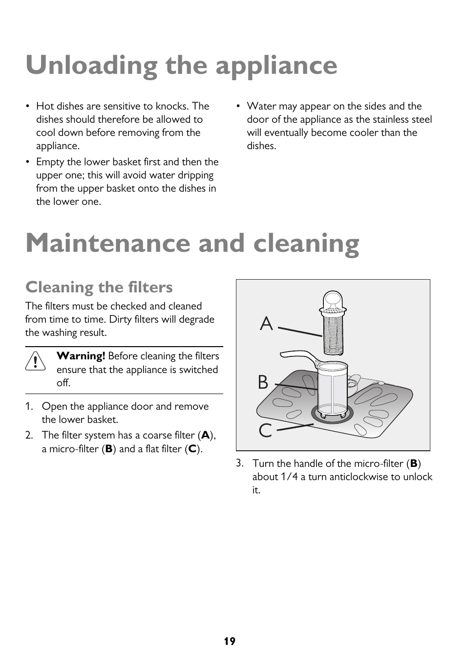 Unloading the appliance, Maintenance and cleaning, Ab c | Cleaning the filters | John Lewis JLBIDW 1201 User Manual | Page 19 / 32