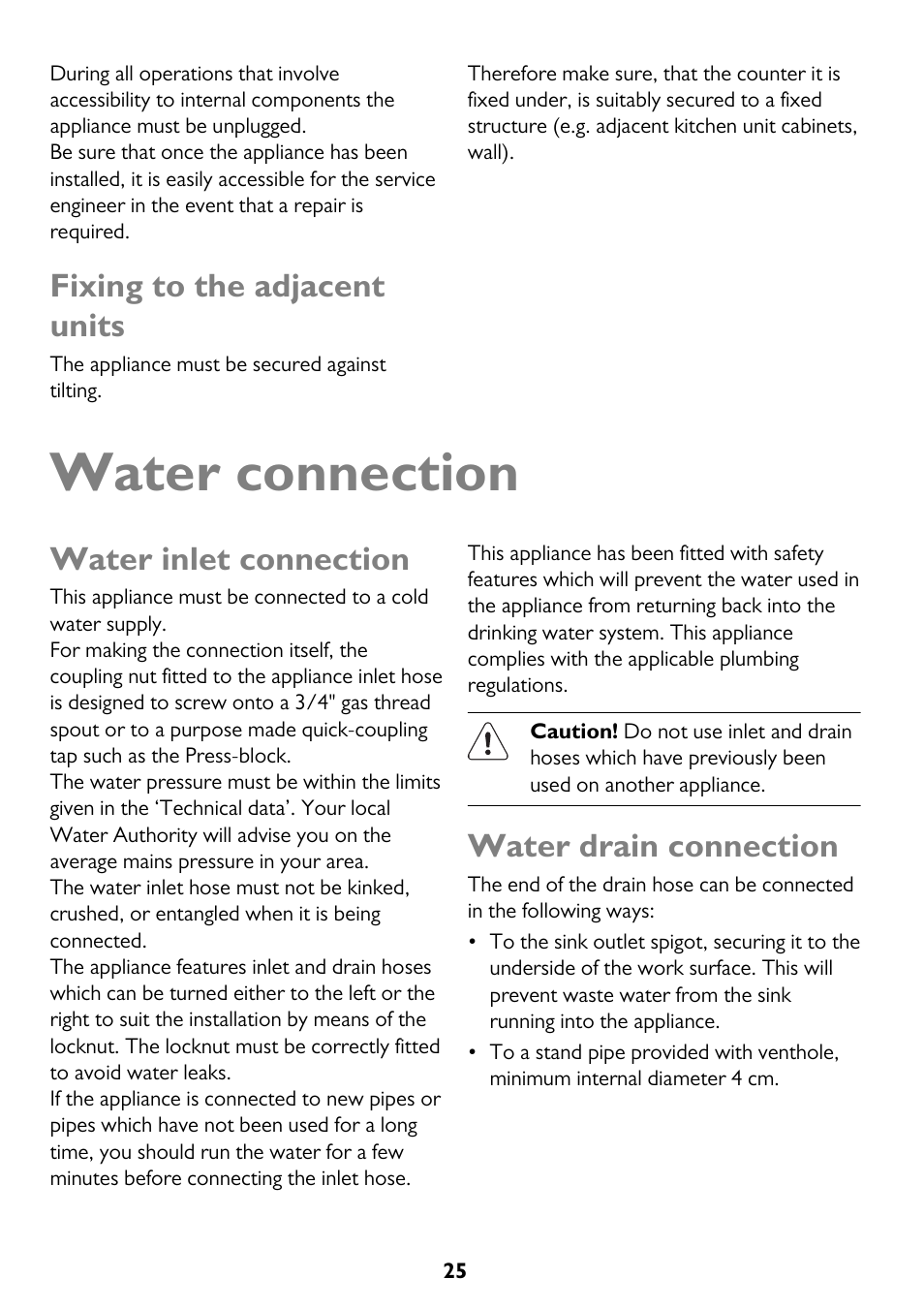 Water connection, Fixing to the adjacent units, Water inlet connection | Water drain connection | John Lewis JLBIDW 1201 User Manual | Page 25 / 32