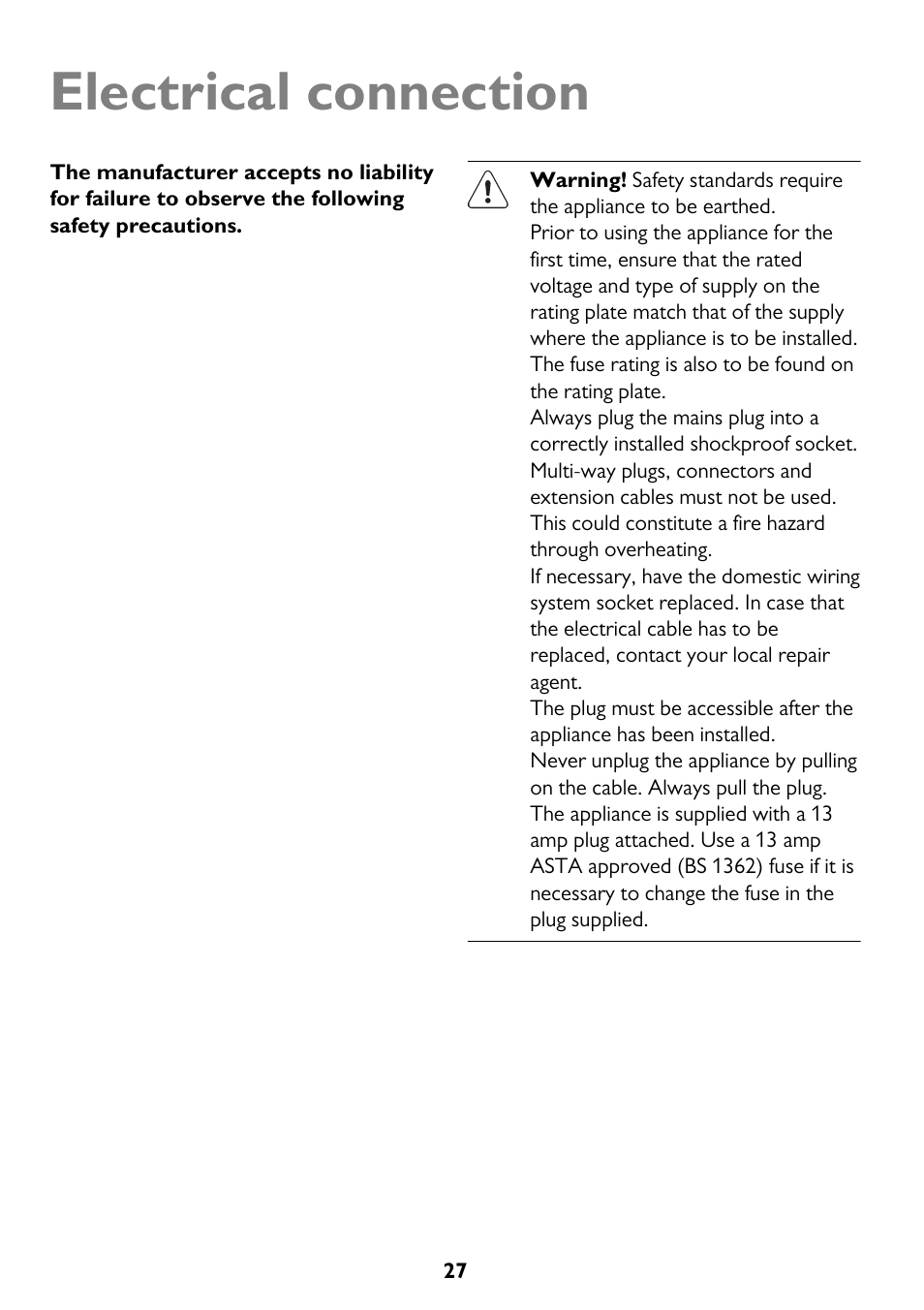 Electrical connection | John Lewis JLBIDW 1201 User Manual | Page 27 / 32