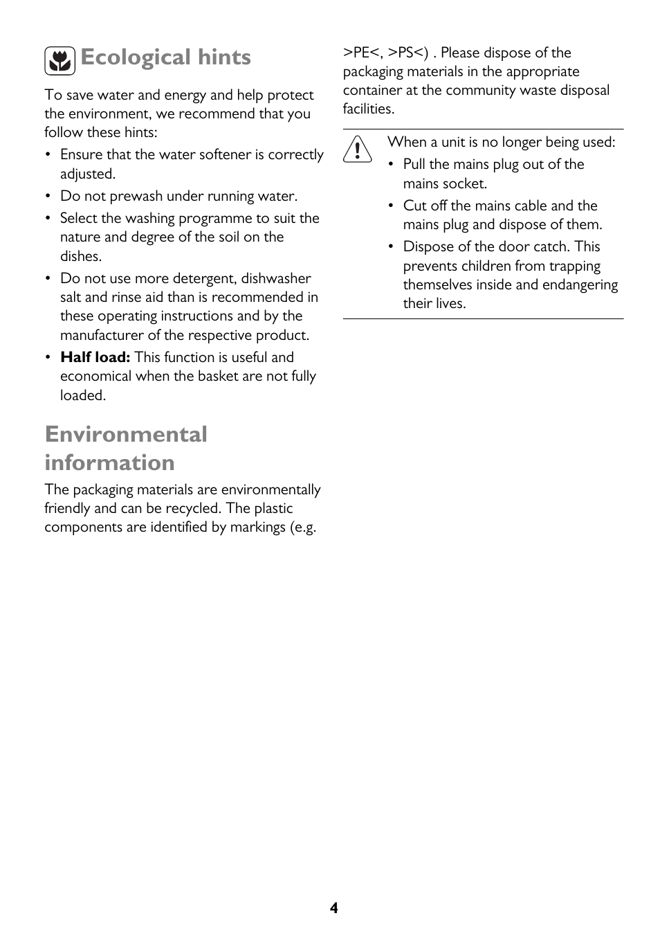 Ecological hints, Environmental information | John Lewis JLBIDW 1201 User Manual | Page 4 / 32