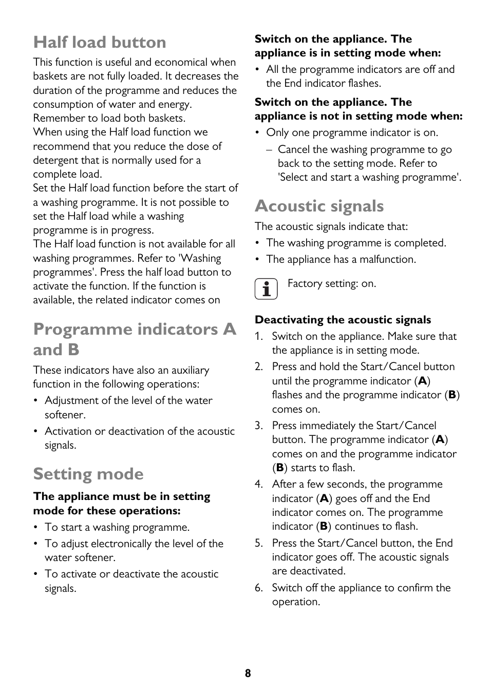 Half load button, Programme indicators a and b, Setting mode | Acoustic signals | John Lewis JLBIDW 1201 User Manual | Page 8 / 32