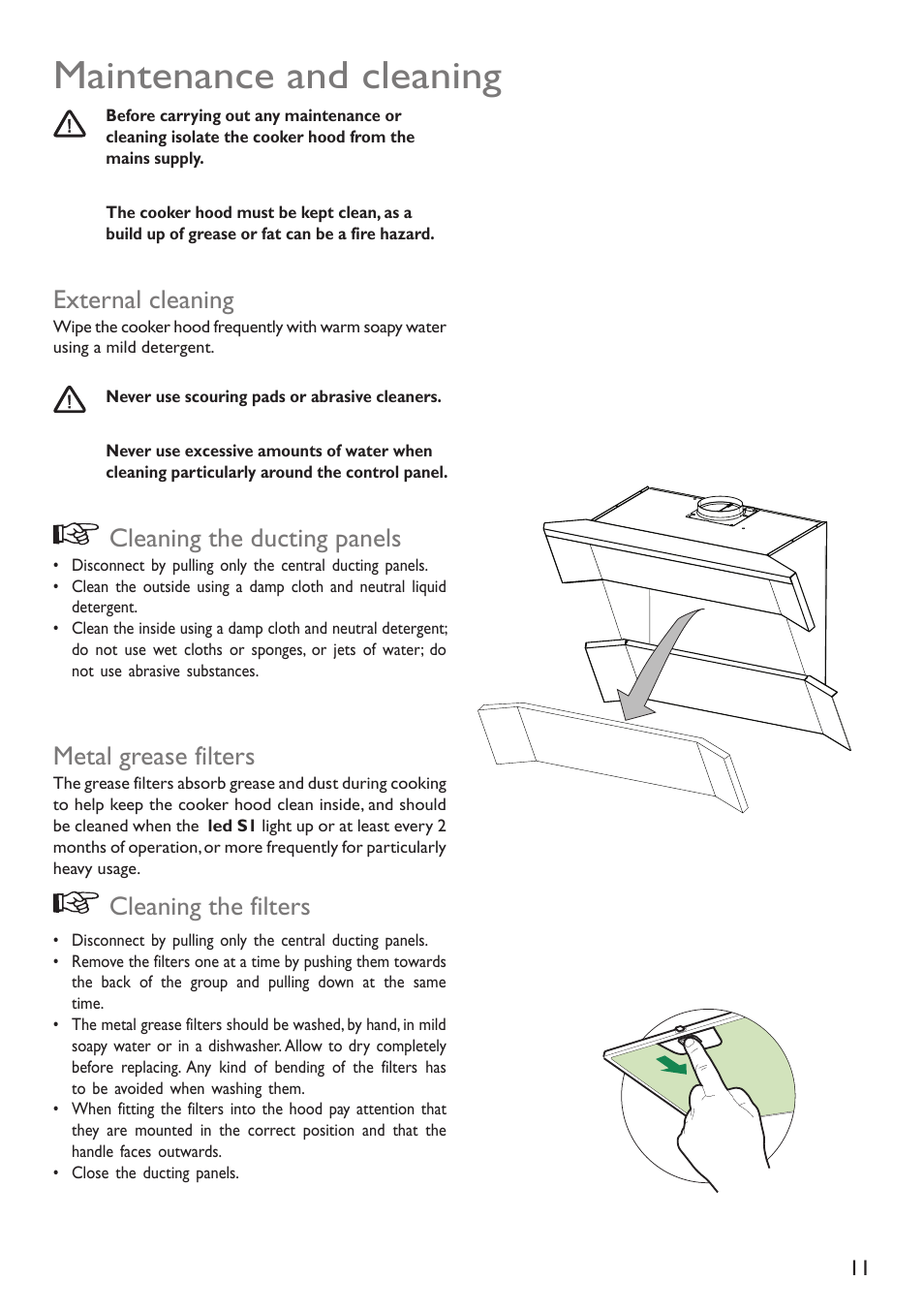 Maintenance and cleaning, External cleaning, Cleaning the ducting panels | Metal grease filters, Cleaning the filters | John Lewis JLBIHD908 User Manual | Page 11 / 16