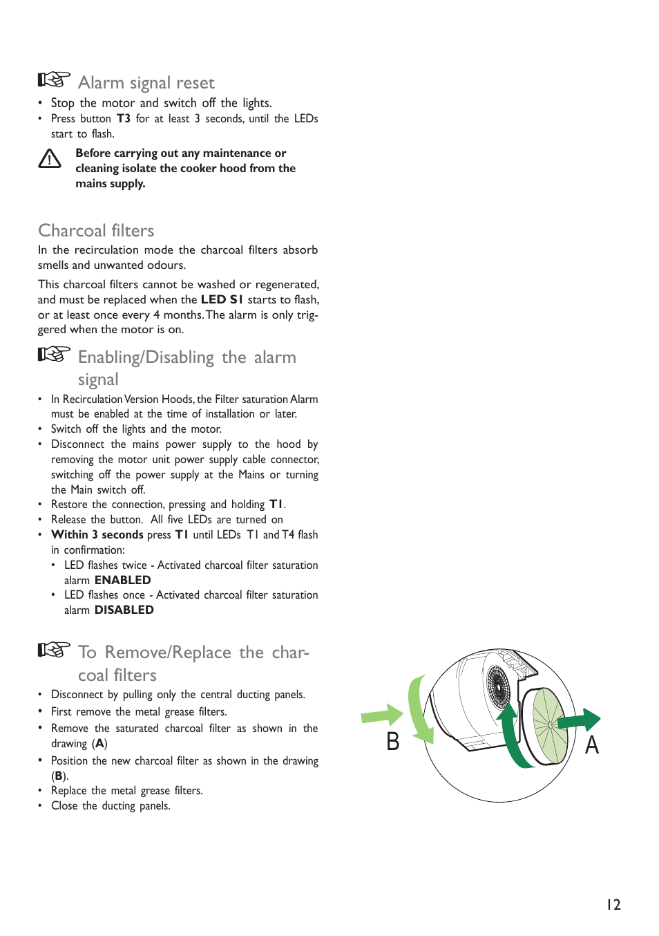 Alarm signal reset, Charcoal filters, Enabling/disabling the alarm signal | John Lewis JLBIHD908 User Manual | Page 12 / 16