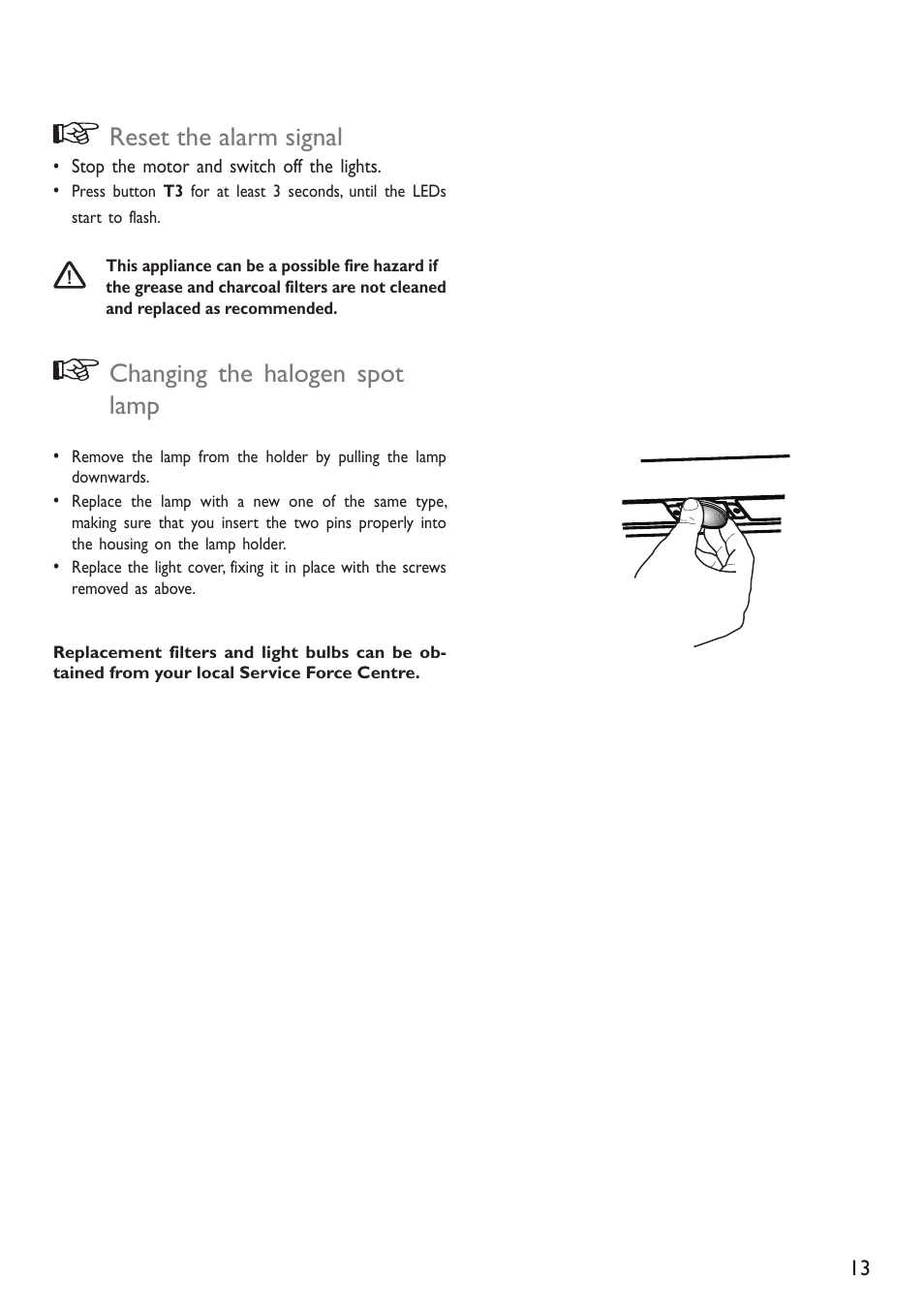 Reset the alarm signal, Changing the halogen spot lamp | John Lewis JLBIHD908 User Manual | Page 13 / 16