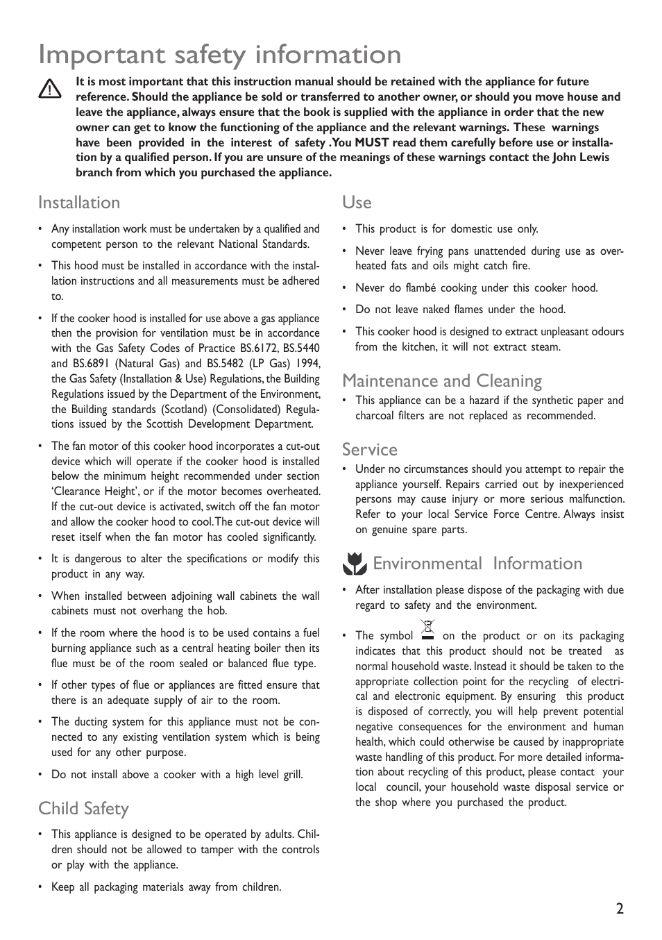 Important safety information, Installation, Child safety | Maintenance and cleaning, Service, Environmental information | John Lewis JLBIHD908 User Manual | Page 2 / 16