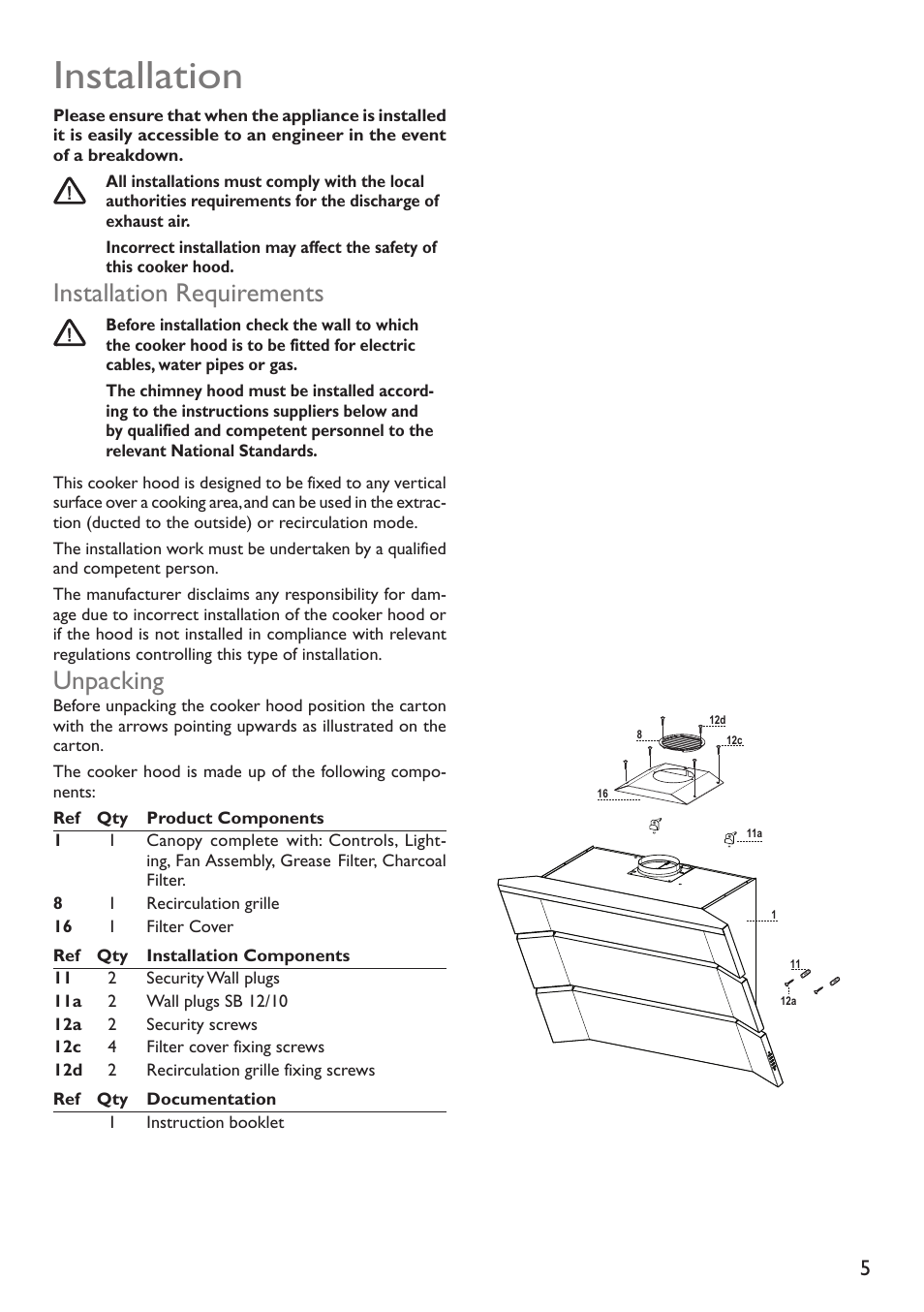 Installation, Installation requirements, Unpacking | John Lewis JLBIHD908 User Manual | Page 5 / 16