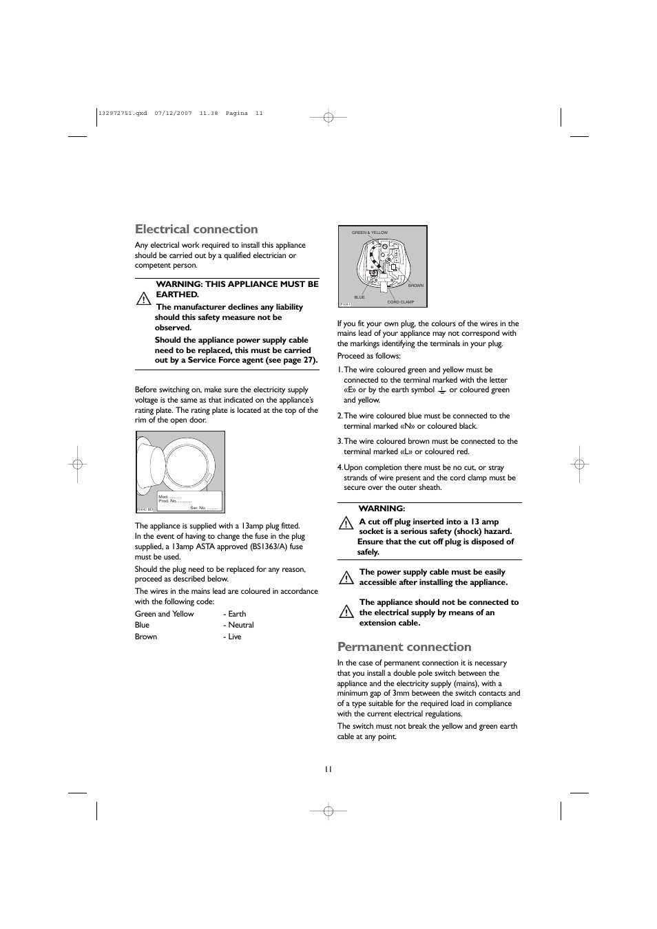 Electrical connection, Permanent connection | John Lewis JLWM1604 User Manual | Page 11 / 28