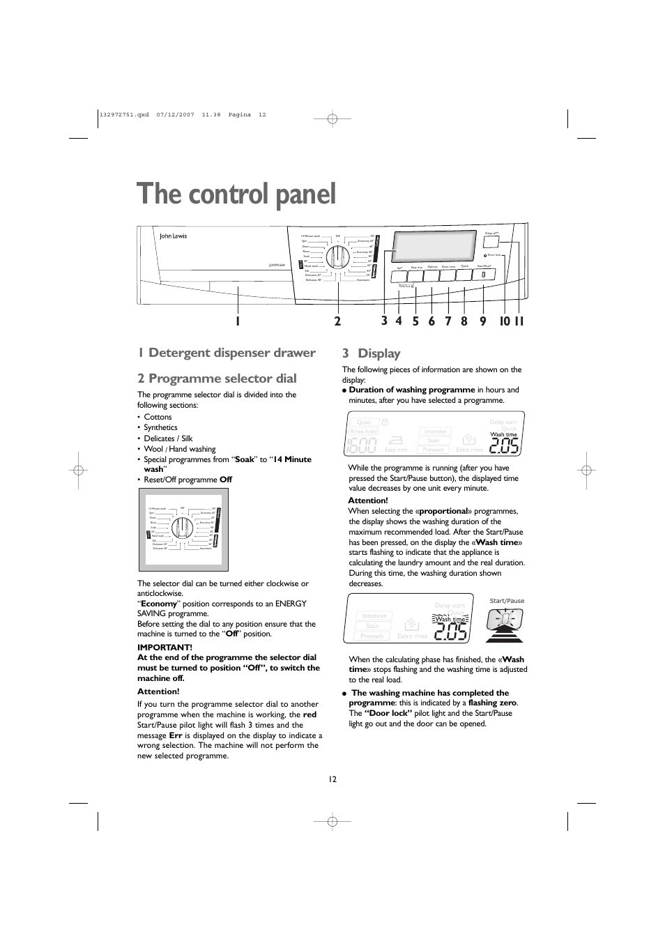 The control panel, 3 display, Cottons • synthetics • delicates / silk • wool | John Lewis JLWM1604 User Manual | Page 12 / 28