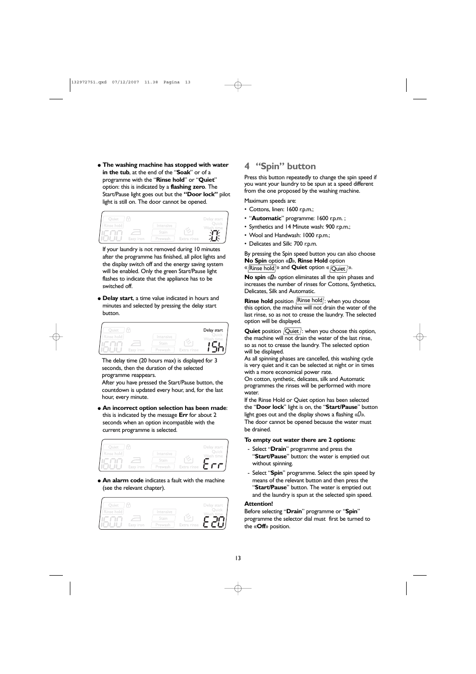 4 “spin” button | John Lewis JLWM1604 User Manual | Page 13 / 28