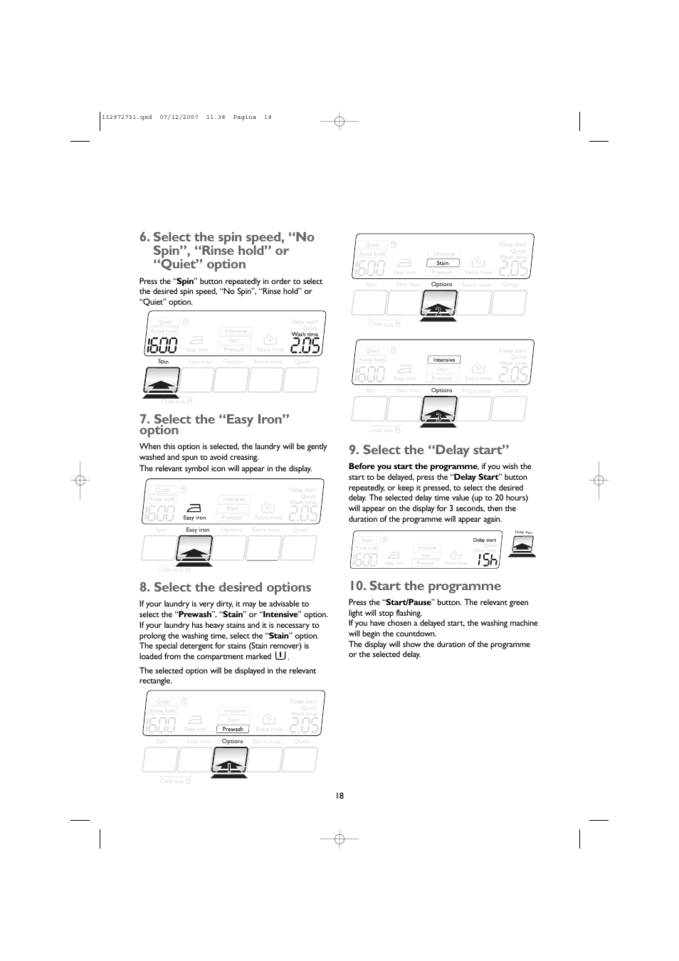 Select the “easy iron” option, Select the desired options, Select the “delay start | Start the programme | John Lewis JLWM1604 User Manual | Page 18 / 28