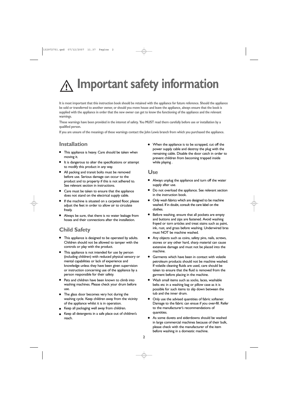 Important safety information, Installation, Child safety | John Lewis JLWM1604 User Manual | Page 2 / 28