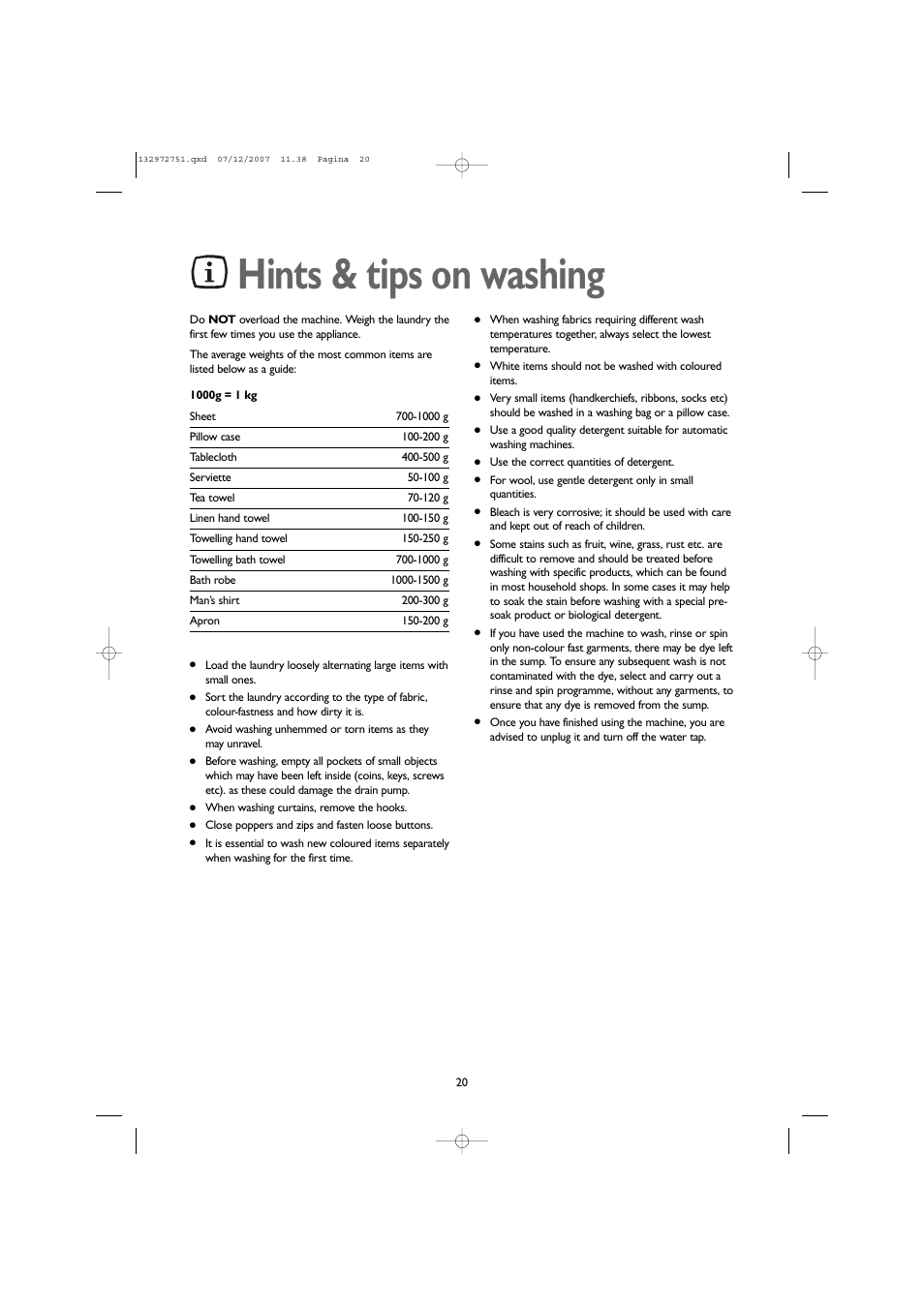 Hints & tips on washing | John Lewis JLWM1604 User Manual | Page 20 / 28