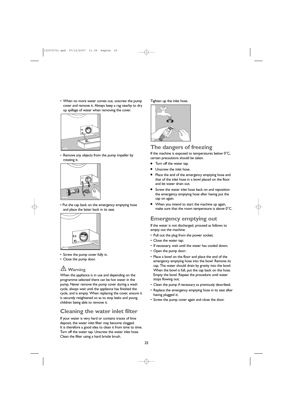 Cleaning the water inlet filter, The dangers of freezing, Emergency emptying out | John Lewis JLWM1604 User Manual | Page 25 / 28