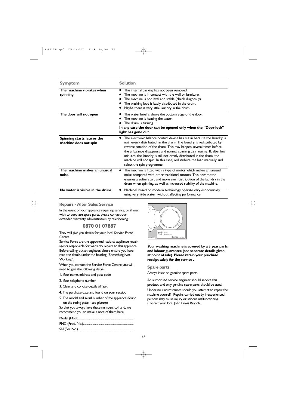 John Lewis JLWM1604 User Manual | Page 27 / 28