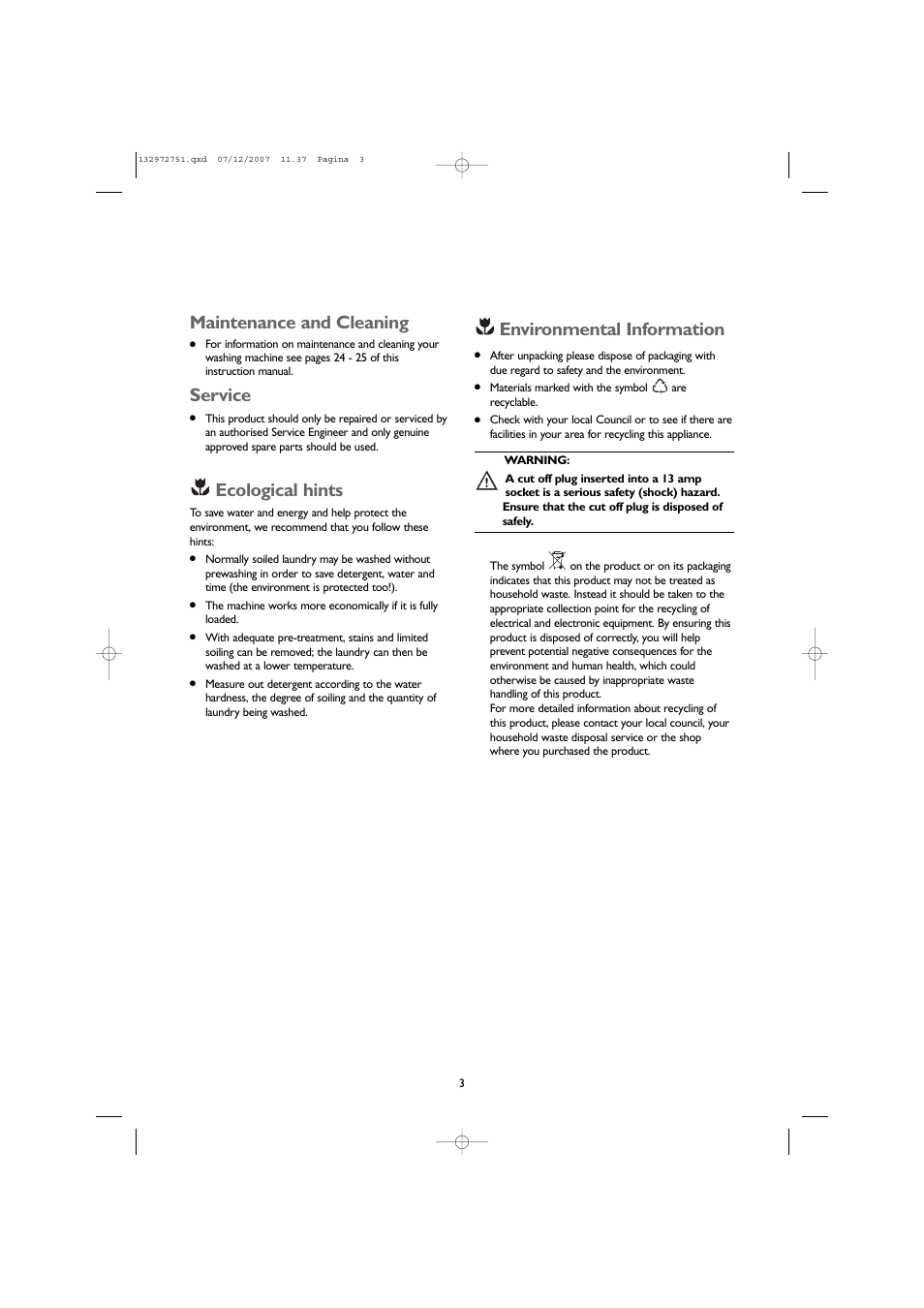 Environmental information, Maintenance and cleaning, Service | Ecological hints | John Lewis JLWM1604 User Manual | Page 3 / 28