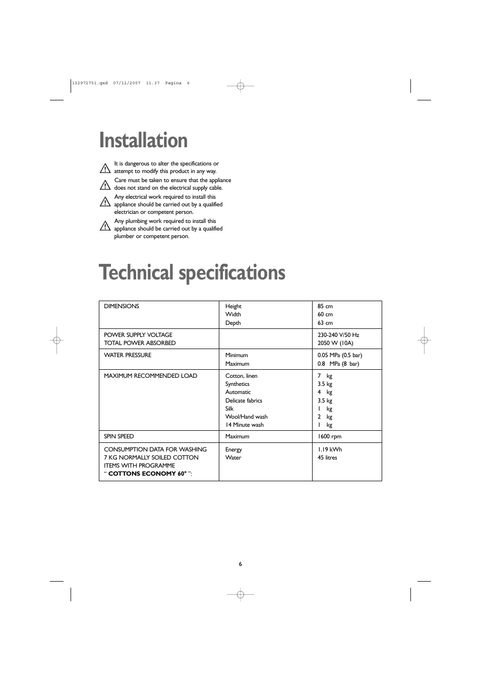 Installation technical specifications | John Lewis JLWM1604 User Manual | Page 6 / 28