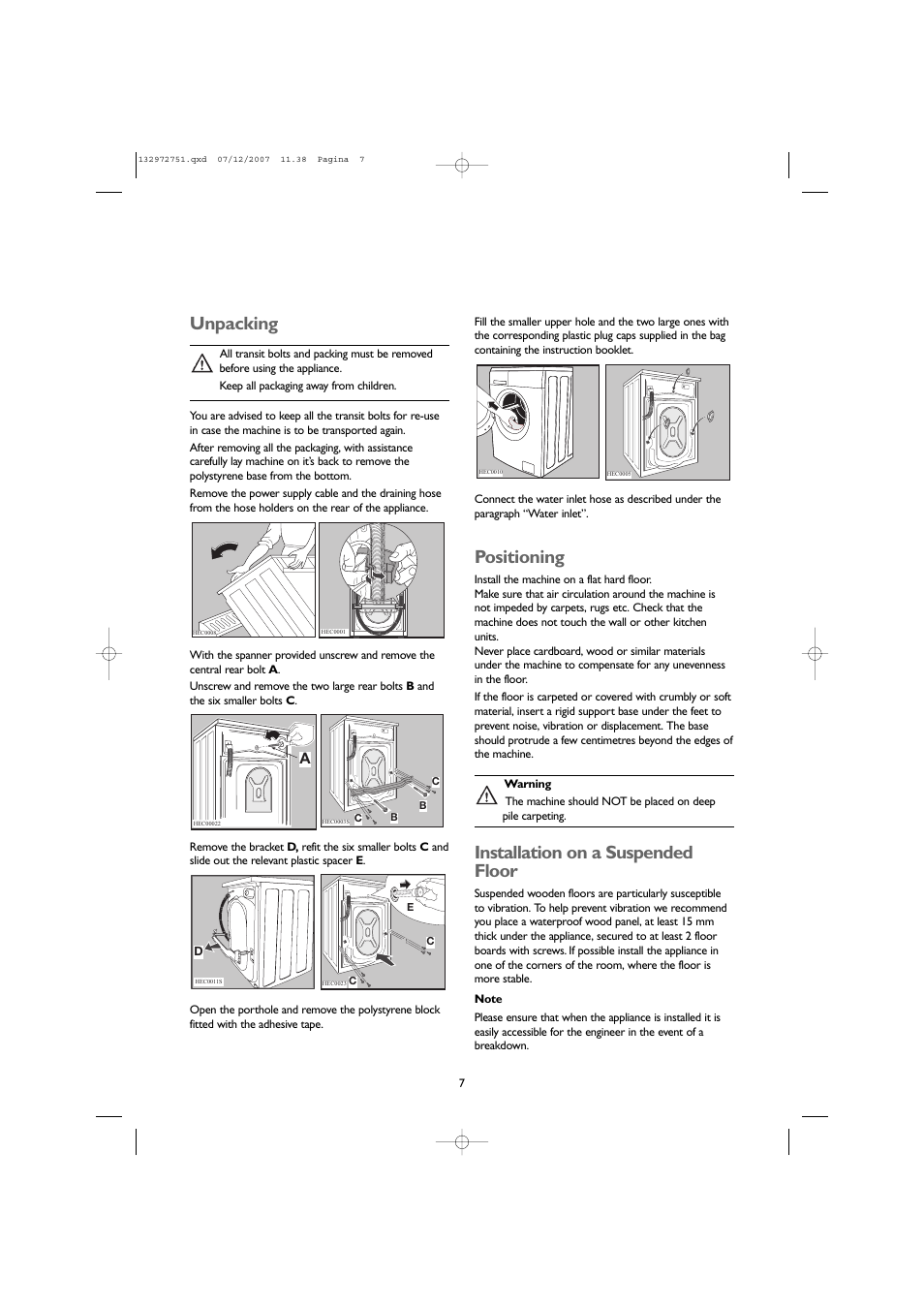Unpacking, Positioning, Installation on a suspended floor | John Lewis JLWM1604 User Manual | Page 7 / 28