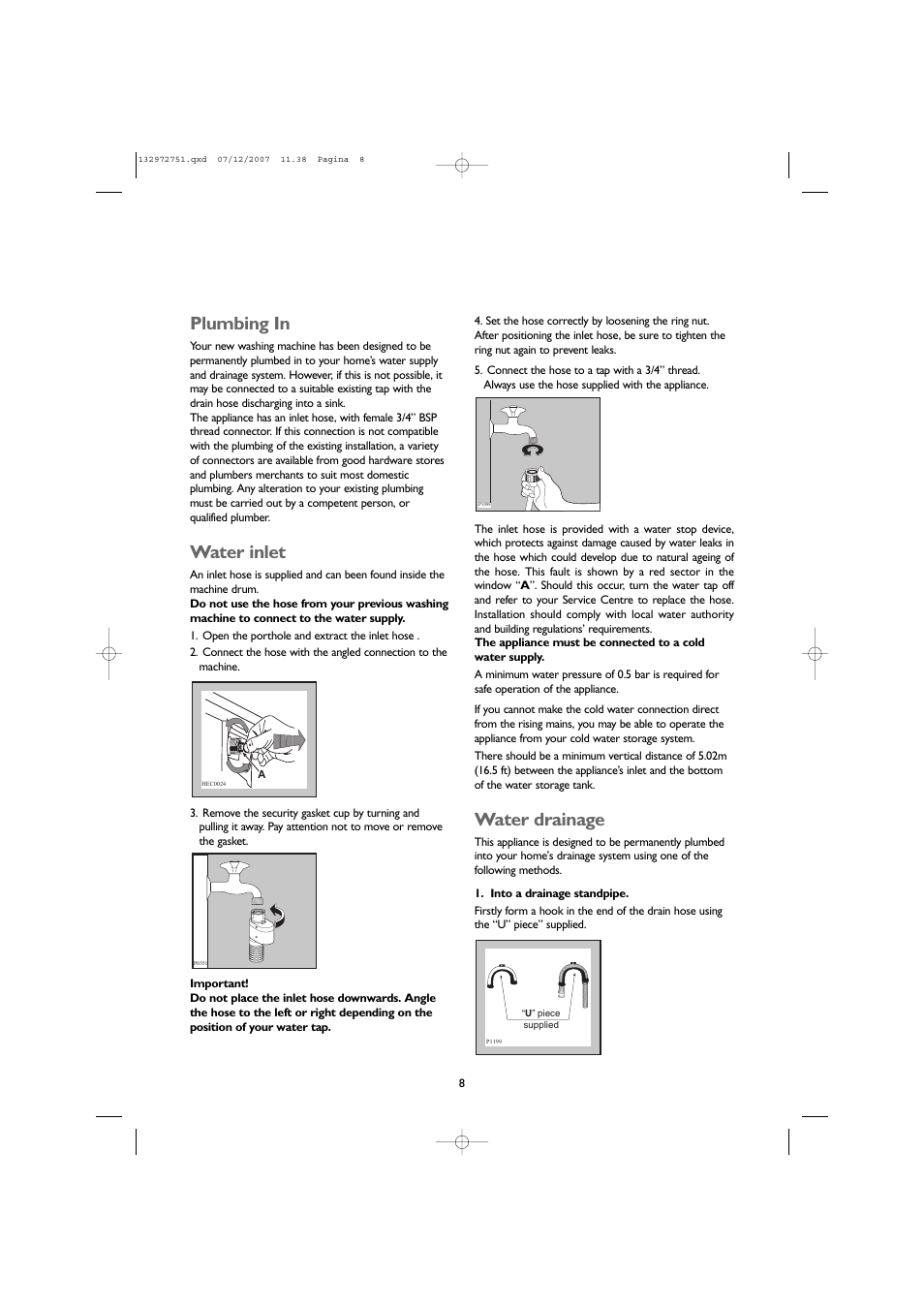 Plumbing in, Water inlet, Water drainage | John Lewis JLWM1604 User Manual | Page 8 / 28