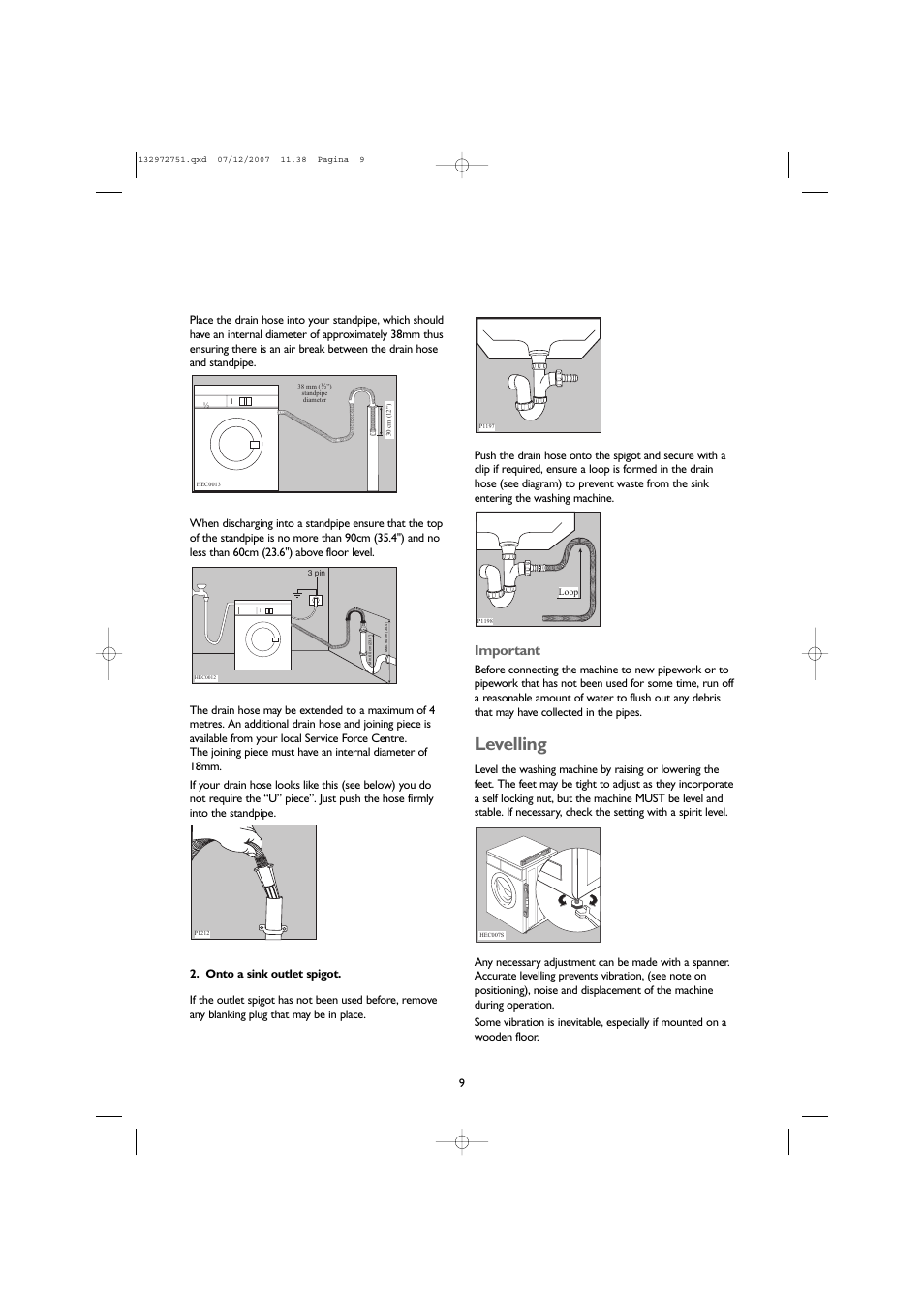 Levelling, Important | John Lewis JLWM1604 User Manual | Page 9 / 28