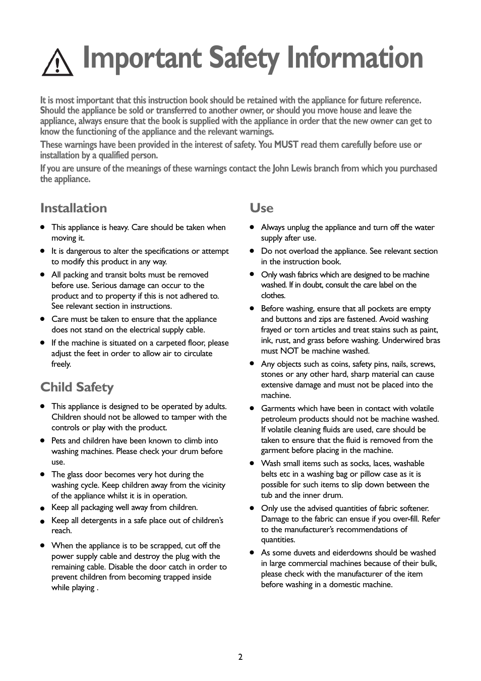Important safety information, Installation, Child safety | John Lewis JLBIWM1401 User Manual | Page 2 / 32