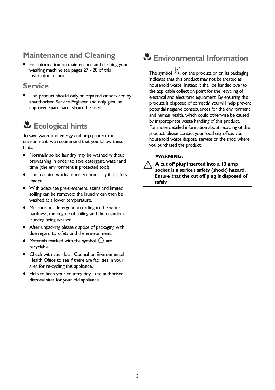 Maintenance and cleaning, Service, Ecological hints | Environmental information | John Lewis JLBIWM1401 User Manual | Page 3 / 32