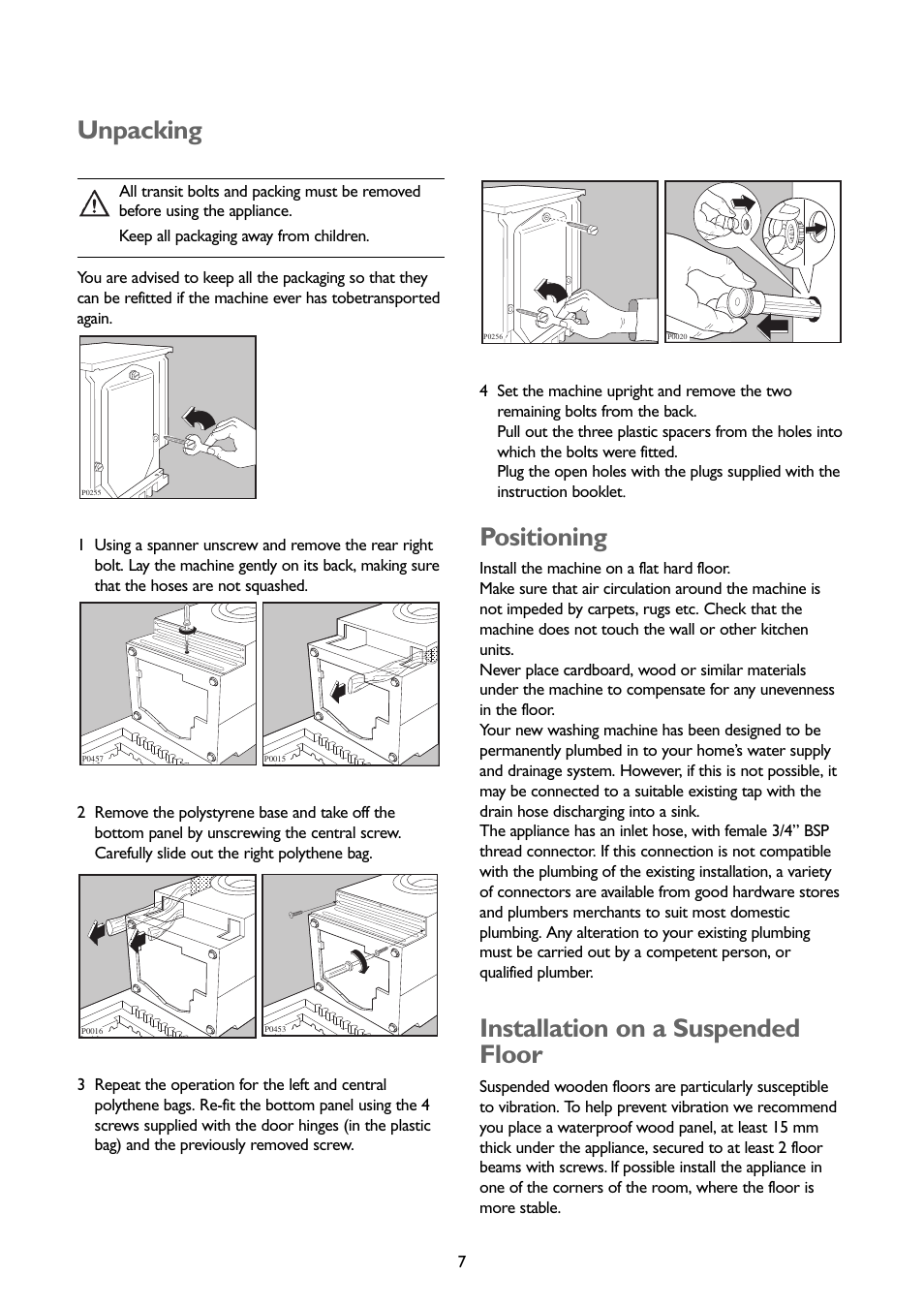 Unpacking, Positioning, Installation on a suspended floor | John Lewis JLBIWM1401 User Manual | Page 7 / 32