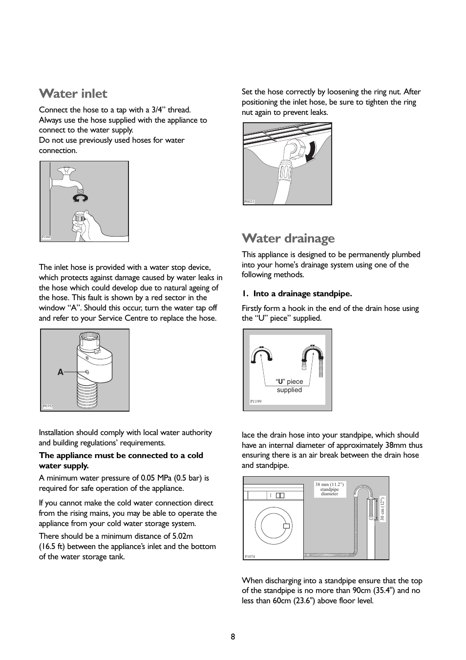 Water inlet, Water drainage | John Lewis JLBIWM1401 User Manual | Page 8 / 32