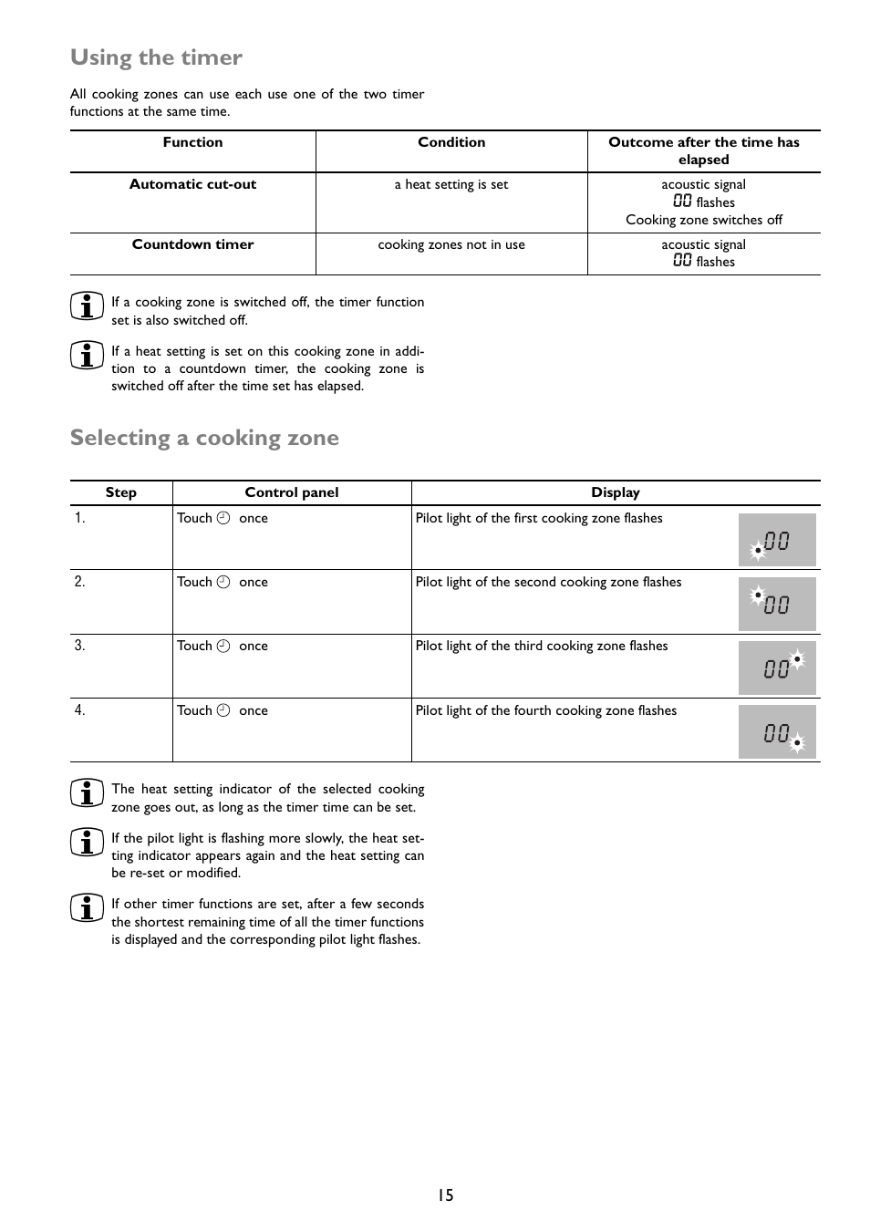 Using the timer, Selecting a cooking zone | John Lewis U29492 JLBIIH603 User Manual | Page 15 / 24