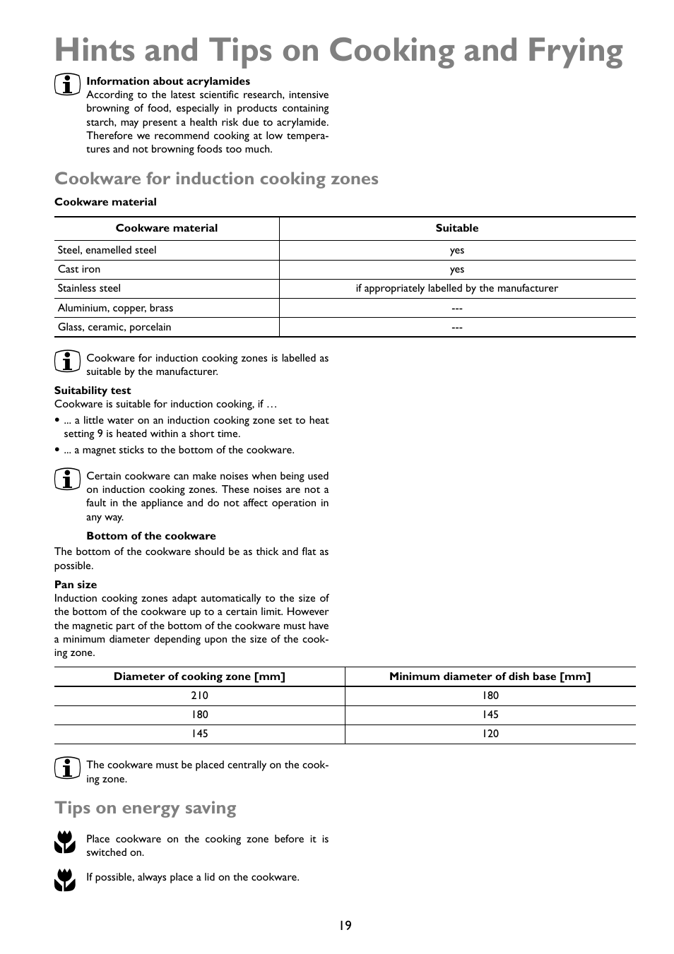 Hints and tips on cooking and frying, Cookware for induction cooking zones, Tips on energy saving | John Lewis U29492 JLBIIH603 User Manual | Page 19 / 24