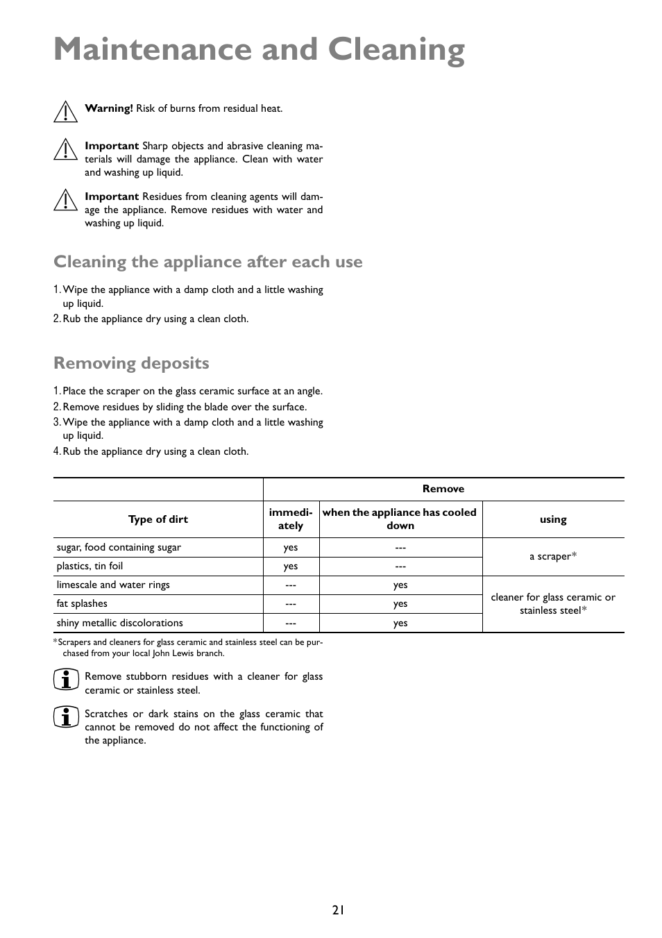 Maintenance and cleaning, Cleaning the appliance after each use, Removing deposits | John Lewis U29492 JLBIIH603 User Manual | Page 21 / 24