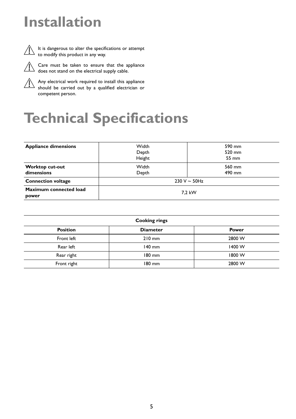 Installation, Technical specifications | John Lewis U29492 JLBIIH603 User Manual | Page 5 / 24