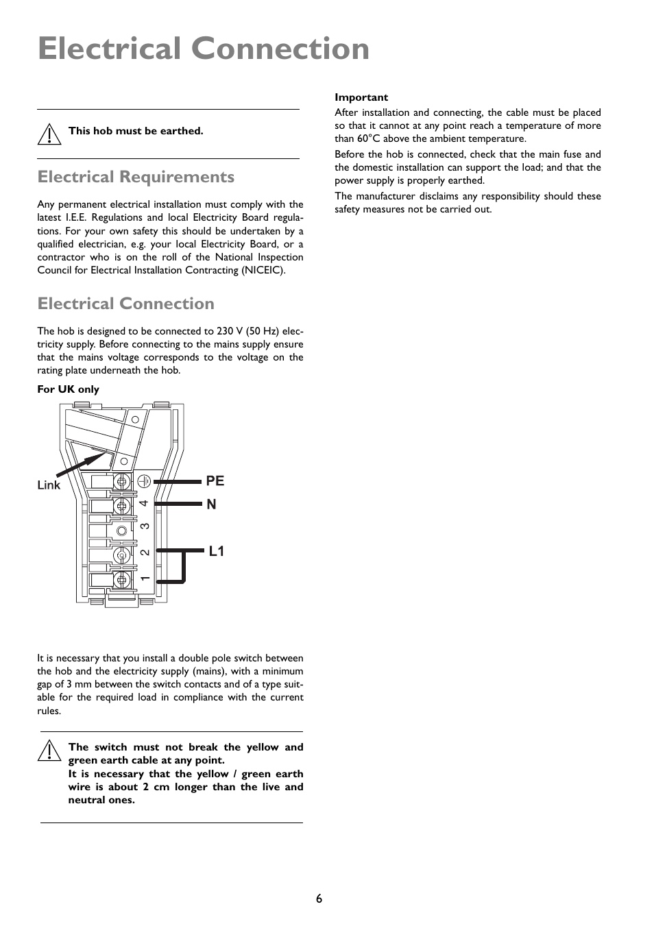 Electrical connection, Electrical requirements | John Lewis U29492 JLBIIH603 User Manual | Page 6 / 24