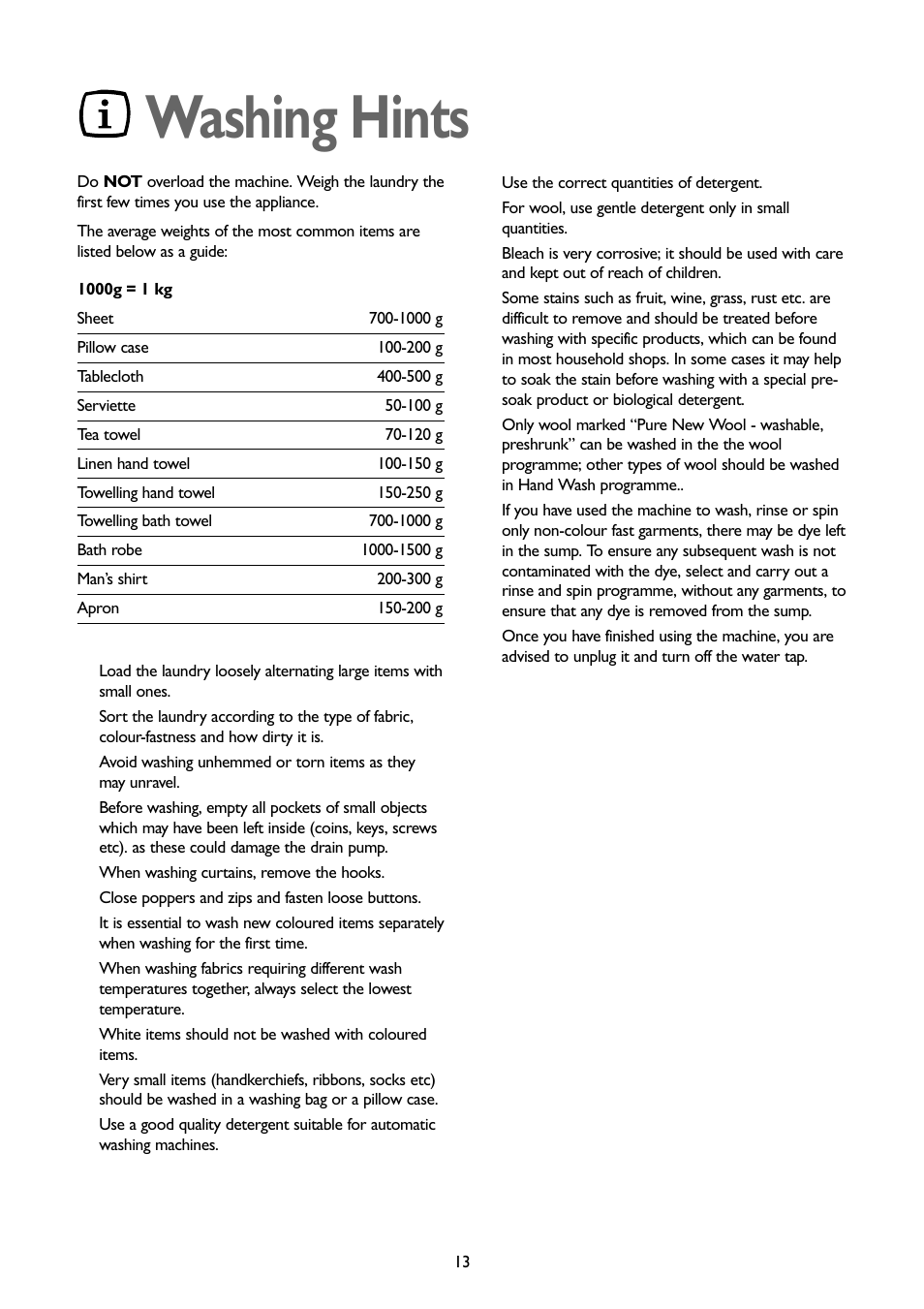 Washing hints | John Lewis JLWM1402 1400 User Manual | Page 13 / 26