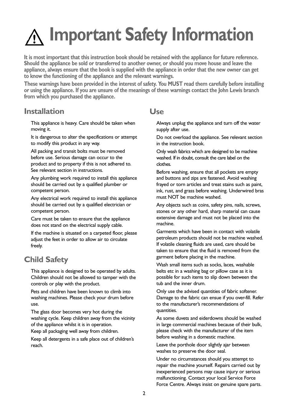 Important safety information, Installation, Child safety | John Lewis JLWM1402 1400 User Manual | Page 2 / 26